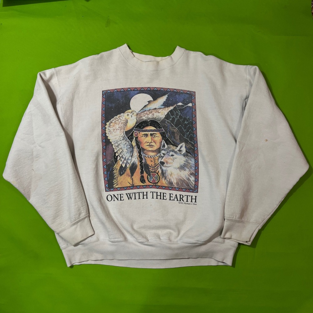 Vintage 1992 Native American One With The Earth Sweatshirt XL White Wolf Owl USA